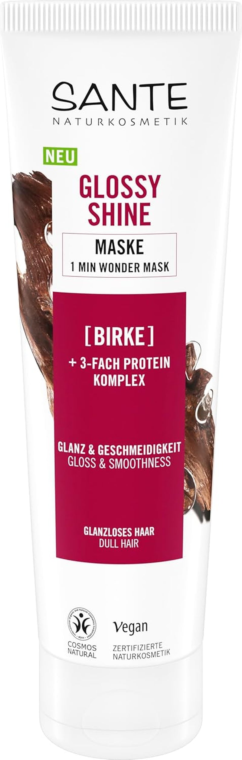 SANTE Naturkosmetik Glossy Shine Mask estratto di foglie di betulla biologica + 3x complesso proteico, maschera per capelli idratante e senza siliconi, cura dei capelli vegana per maggiore lucentezza e morbidezza, 150 ml Maschera per capelli Naty Shop Nuovo