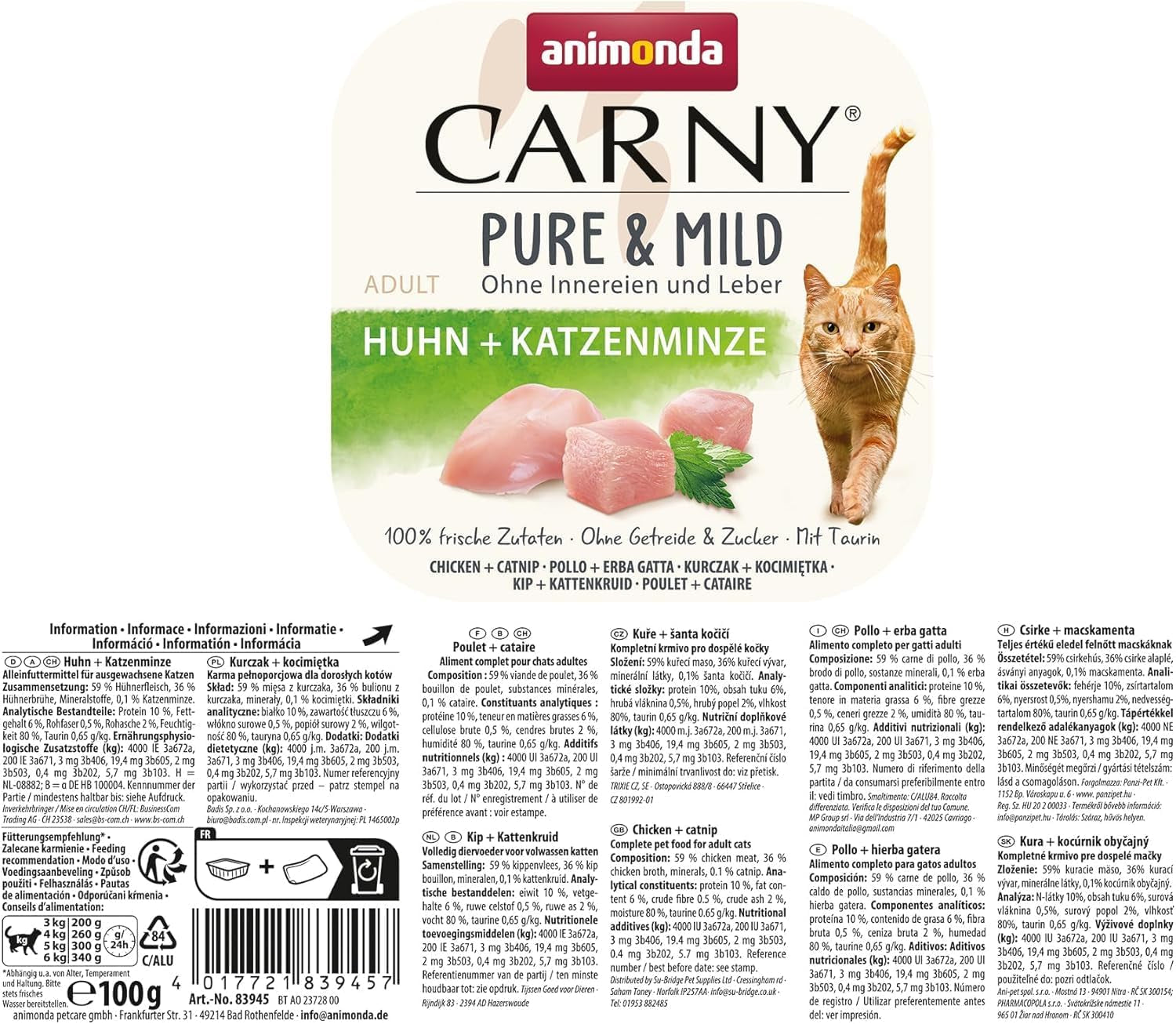 Cibo umido per gatti Adult Pure & Mild con pollo e erba gatta (32 x 100 g), per gatti sensibili, senza cereali e senza zucchero, cibo umido facilmente digeribile con pollo