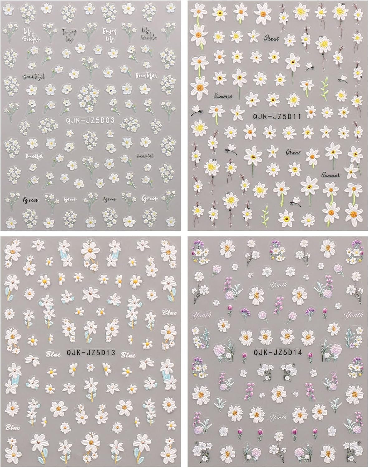 JMEOWIO 3D Nagelsticker Blumen Nail Art Sticker Selbstklebend Nagelaufkleber 5D Stereoscopico Estate Frühling Blumen Dekoration Nageldesign Zubehör 4 Blatt
