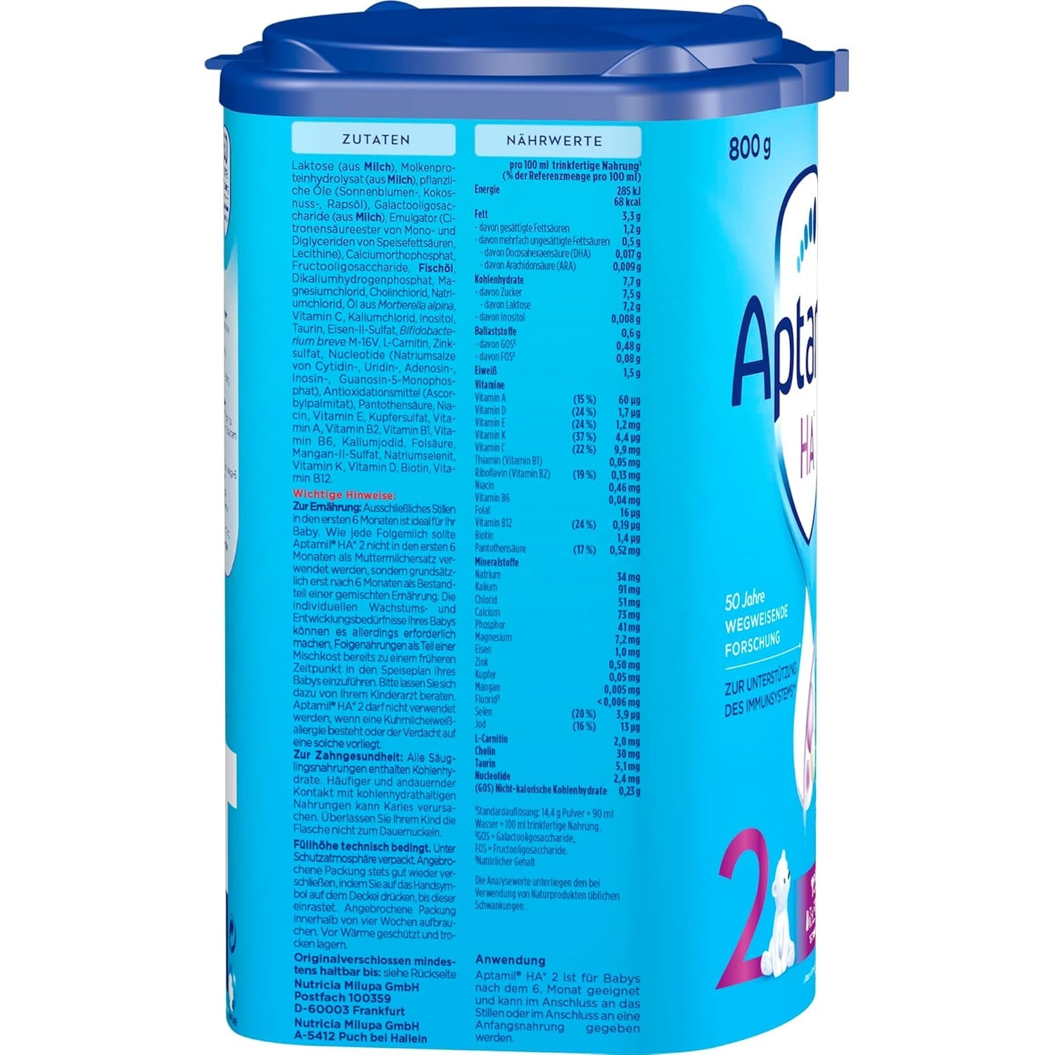 Aptamil HA 2 – Formula di proseguimento dopo 6 mesi, con Omega 3 e 6, DHA, ARA e ALA, Senza lattosio, Senza olio di palma, Alimenti per bambini, Latte in polvere, 1 x 800 g (Confezione da 4)