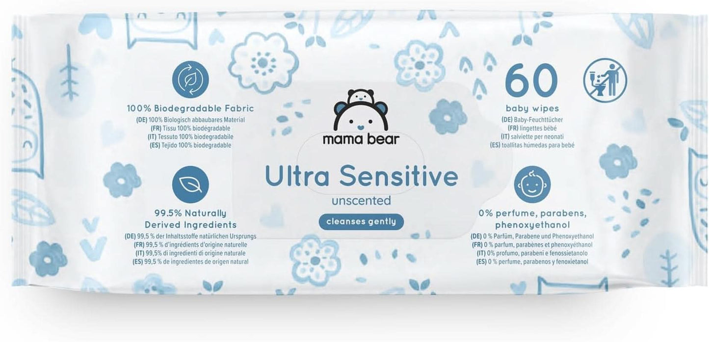Salviette per neonati Mama Bear Ultra Sensitive senza profumo, 1008 unità (18 confezioni da 60) Naty Shop
