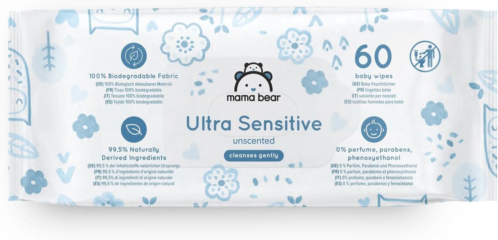 Salviette per neonati Mama Bear Ultra Sensitive senza profumo, 1008 unità (18 confezioni da 60) Naty Shop
