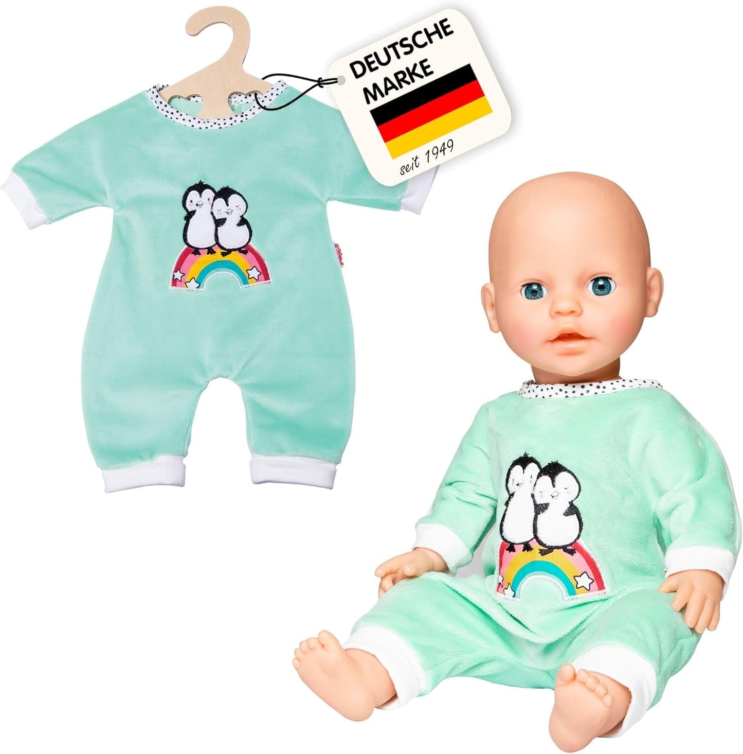 Heless 1181 - Tuta per bambola con design a pois e pinguino, realizzata in morbido velluto con ricamo di alta qualità, misura 28-35 cm