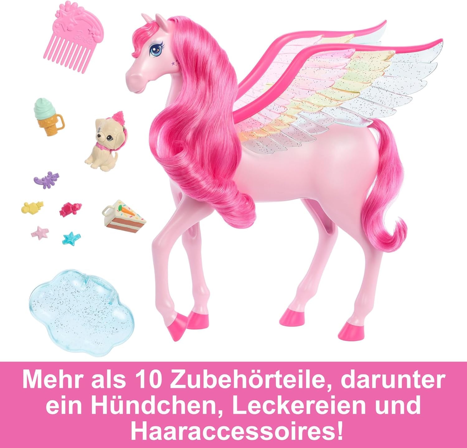 Barbie Pegasus Magic Hide and Seek - Giocattolo interattivo con luci e suoni, 10 accessori, Ali arcobaleno, dai 3 anni in su, HLC41