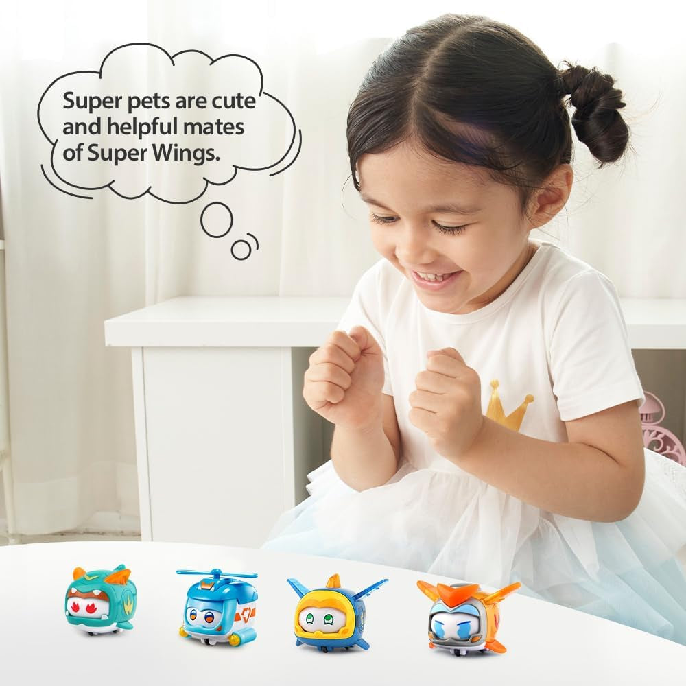 Super Wings Super Pets 4 pezzi Shine, Golden Boy, Jerome, Ellie Espressione facciale commutabile Effetto lampo Giocattolo portatile per 3 4 5 6 7 8 anni Ragazzo Ragazza Action Figure da 2 pollici Naty Shop