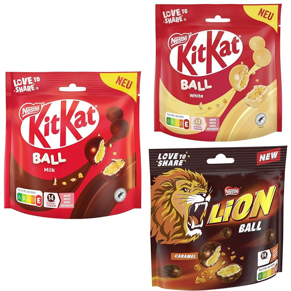 Confezione di palline Nestlé al latte, bianche, caramello Lion (3 x 130g)
