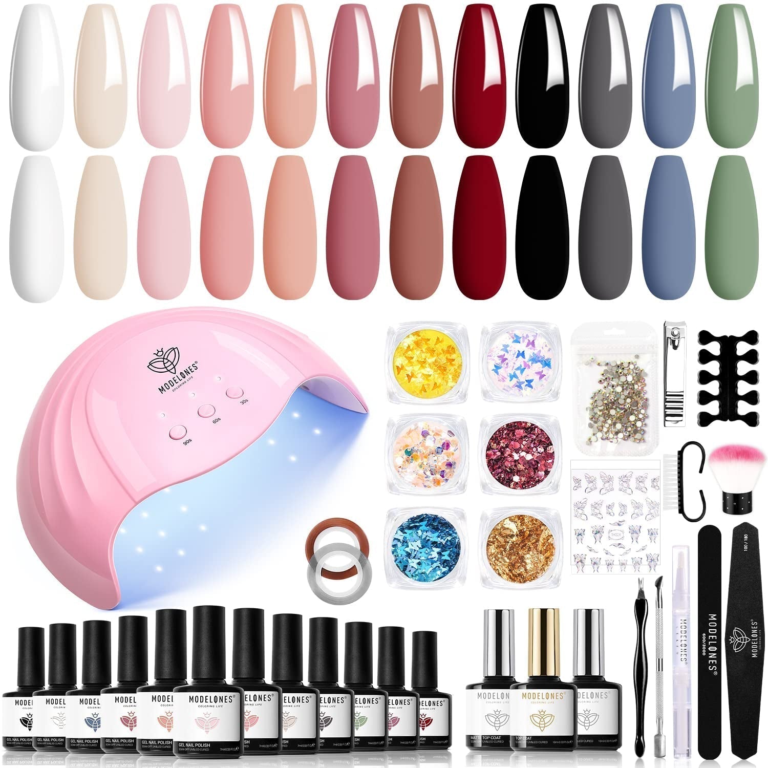 Modelones Set Smalti Gel per Unghie 35 Pezzi, Set Smalti Gel UV con Lampada da 48 W, Set Smalti Gel per Unghie Nude Marrone Bianco Rosa, Set Smalti Gel UV con Base Top Coat Set per Unghie