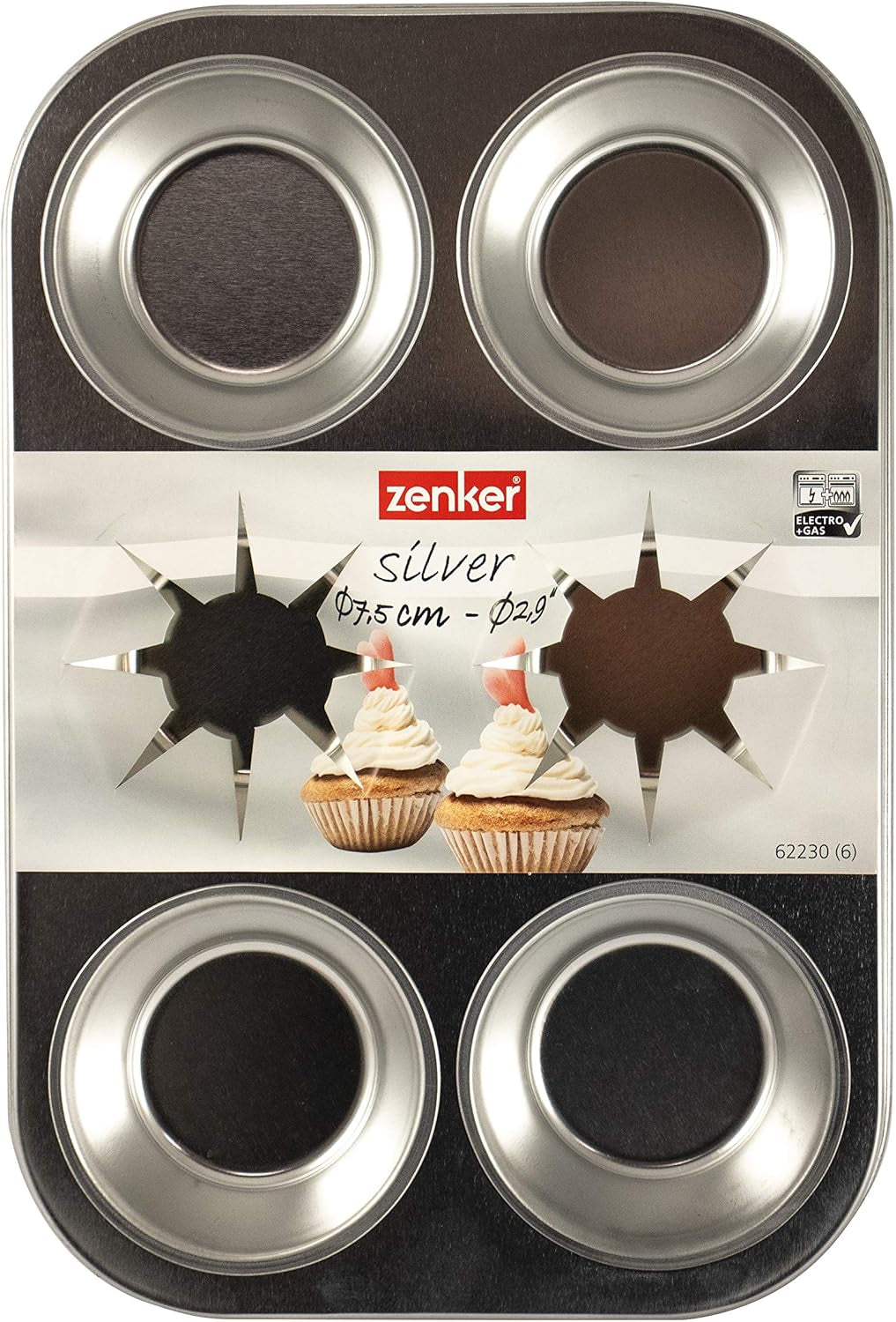 Zenker 62230 Teglia Cupcake/Muffin 6 pz, Fascia 29 X 19,5 X 3Cm, Linea Silver Stampi e teglie Naty Shop
