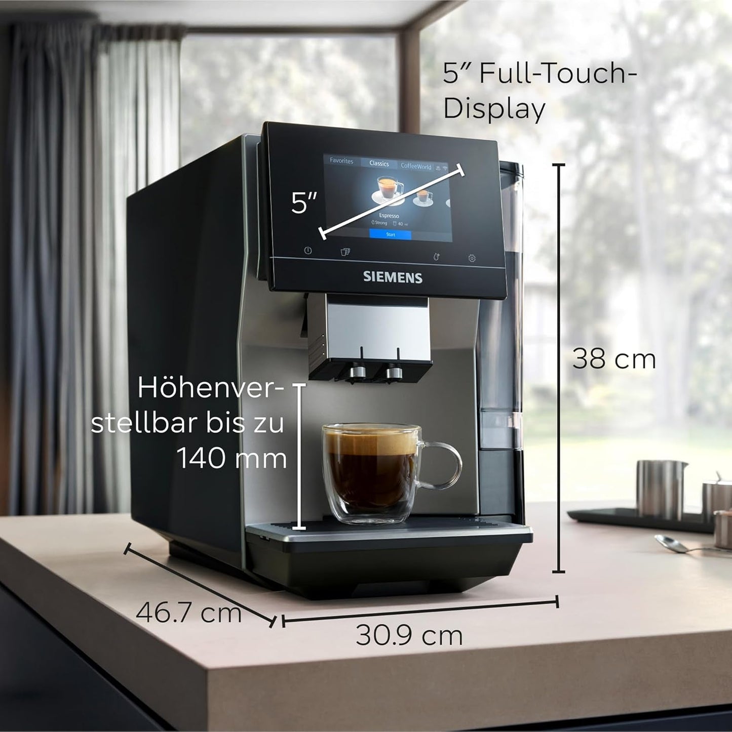 Macchina per caffè espresso automatica Siemens EQ700 classic TP715D01, controllo tramite app, cold brew, display touch intuitivo, fino a 10 creazioni di caffè individuali come preferite, pulizia automatica a vapore, 1500 W, grigio argento