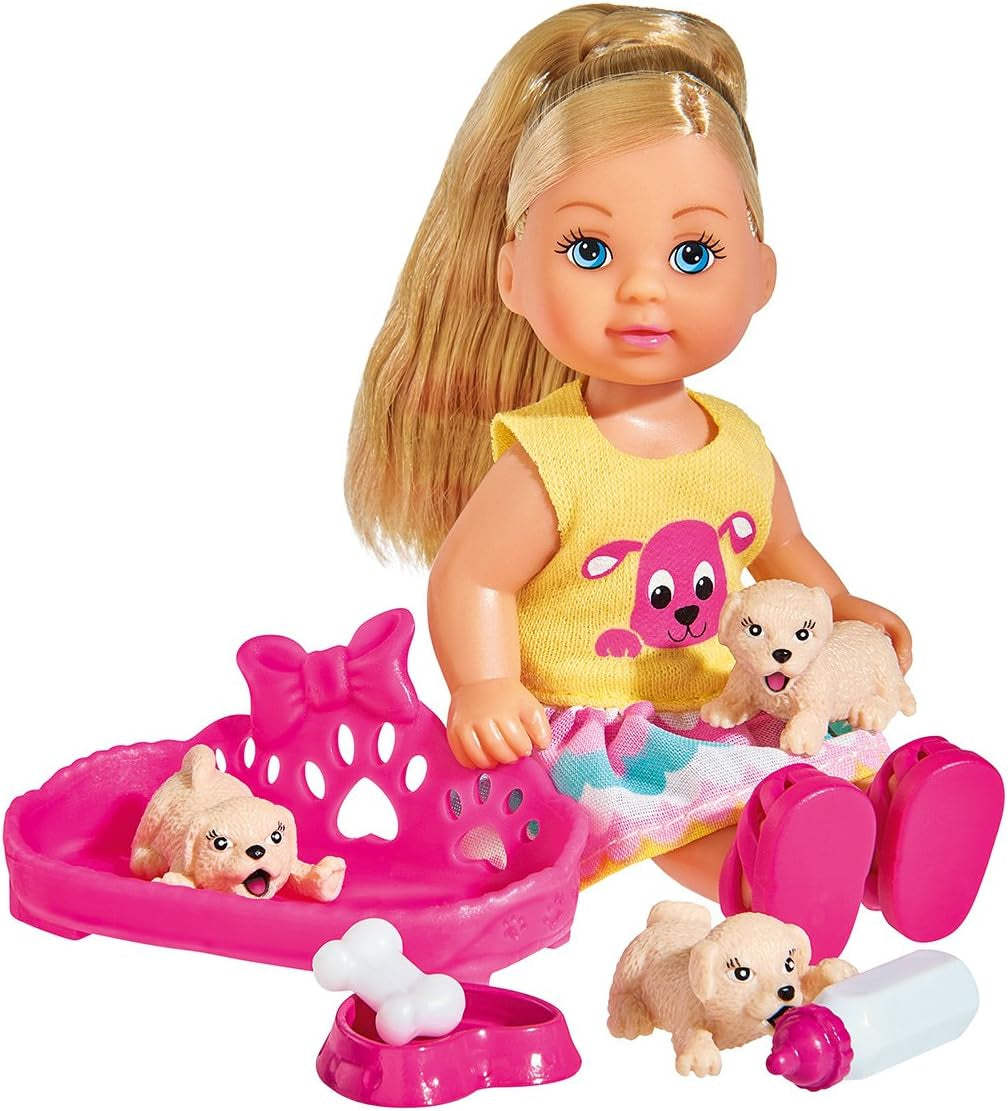 Simba 105733041 - Evi Love Puppy Love con TRE cuccioli, con cuccia e accessori, bambola alla moda, 12 cm, per bambini dai 3 anni in su