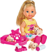 Simba 105733041 - Evi Love Puppy Love con TRE cuccioli, con cuccia e accessori, bambola alla moda, 12 cm, per bambini dai 3 anni in su