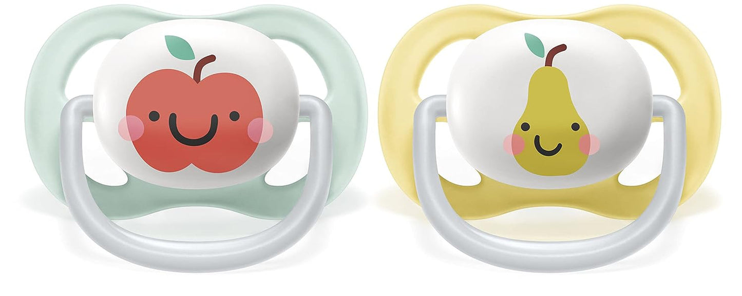 Succhietto Philips AVENT ultra air - confezione da 2, senza BPA, traspirante, per bambini da 0 a 6 mesi, inclusa custodia per il trasporto e sterilizzazione, mela/pera (modello SCF080/17)