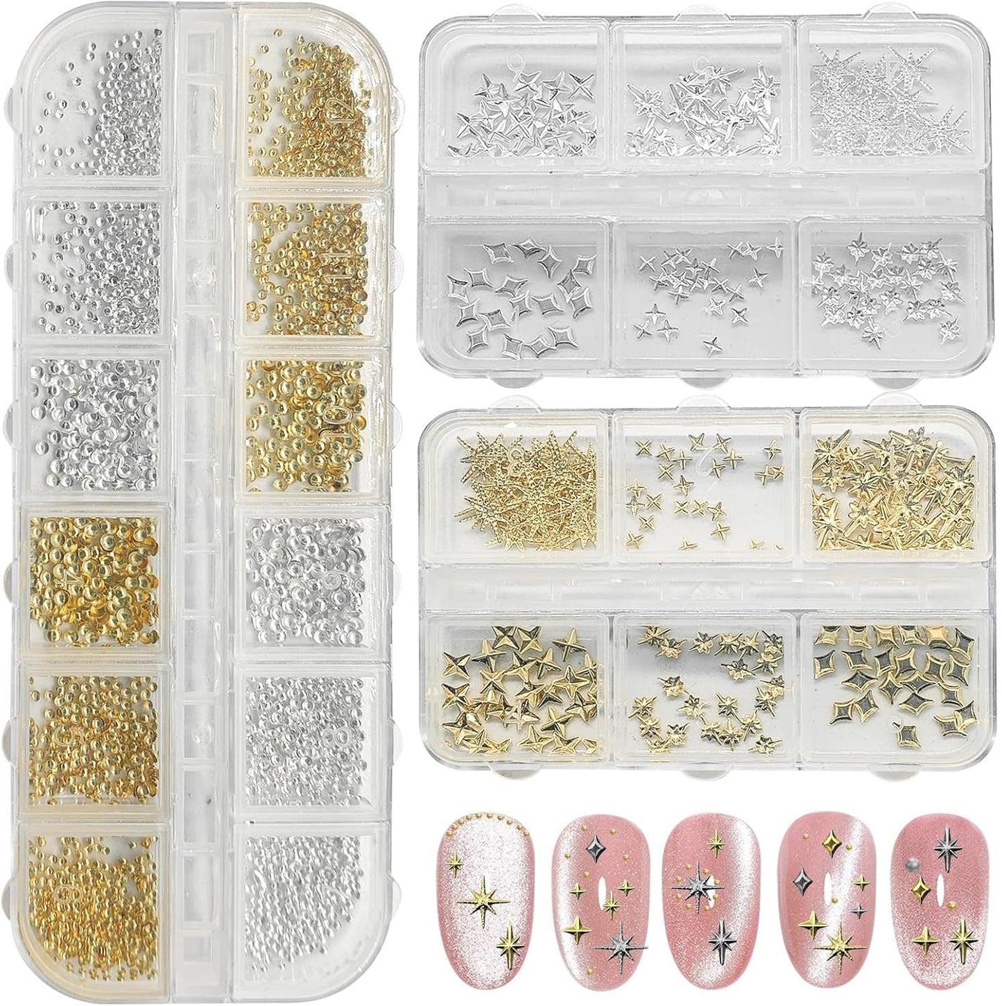 3400 Stück Goldene Und Silberne Sternperlen, Goldene Nagelanhänger, Zubehör Für Nagelschmuck, Schöne Sternnagelanhänger Für Nägel,Nail Art Strass