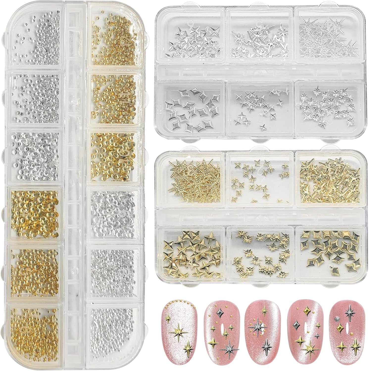 3400 Stück Goldene Und Silberne Sternperlen, Goldene Nagelanhänger, Zubehör Für Nagelschmuck, Schöne Sternnagelanhänger Für Nägel,Nail Art Strass