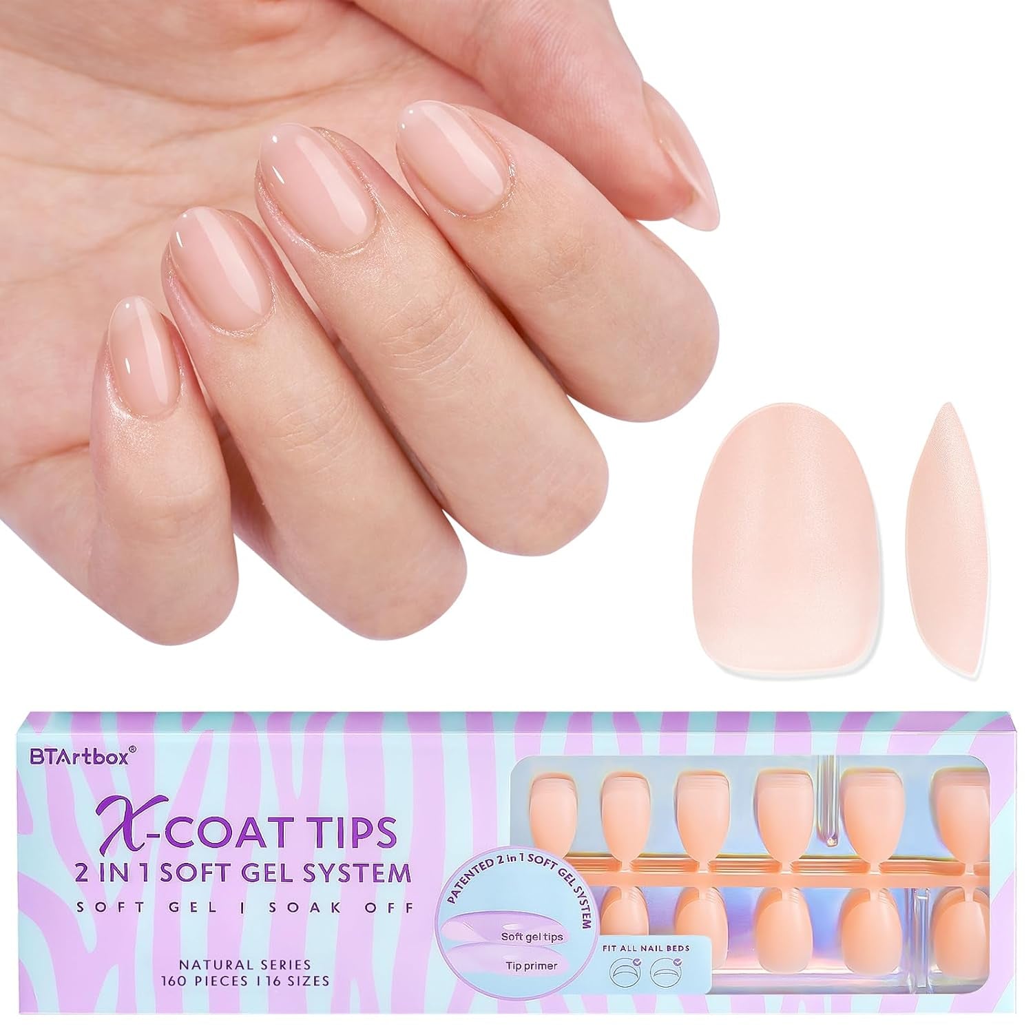 Btartbox Unghie in gel morbide extra corte Mandorla a copertura totale Punte per unghie corte 160 pezzi XCOATTIPS Unghie artificiali pre-progettate Punte per unghie corte a mandorla per estensioni delle unghie