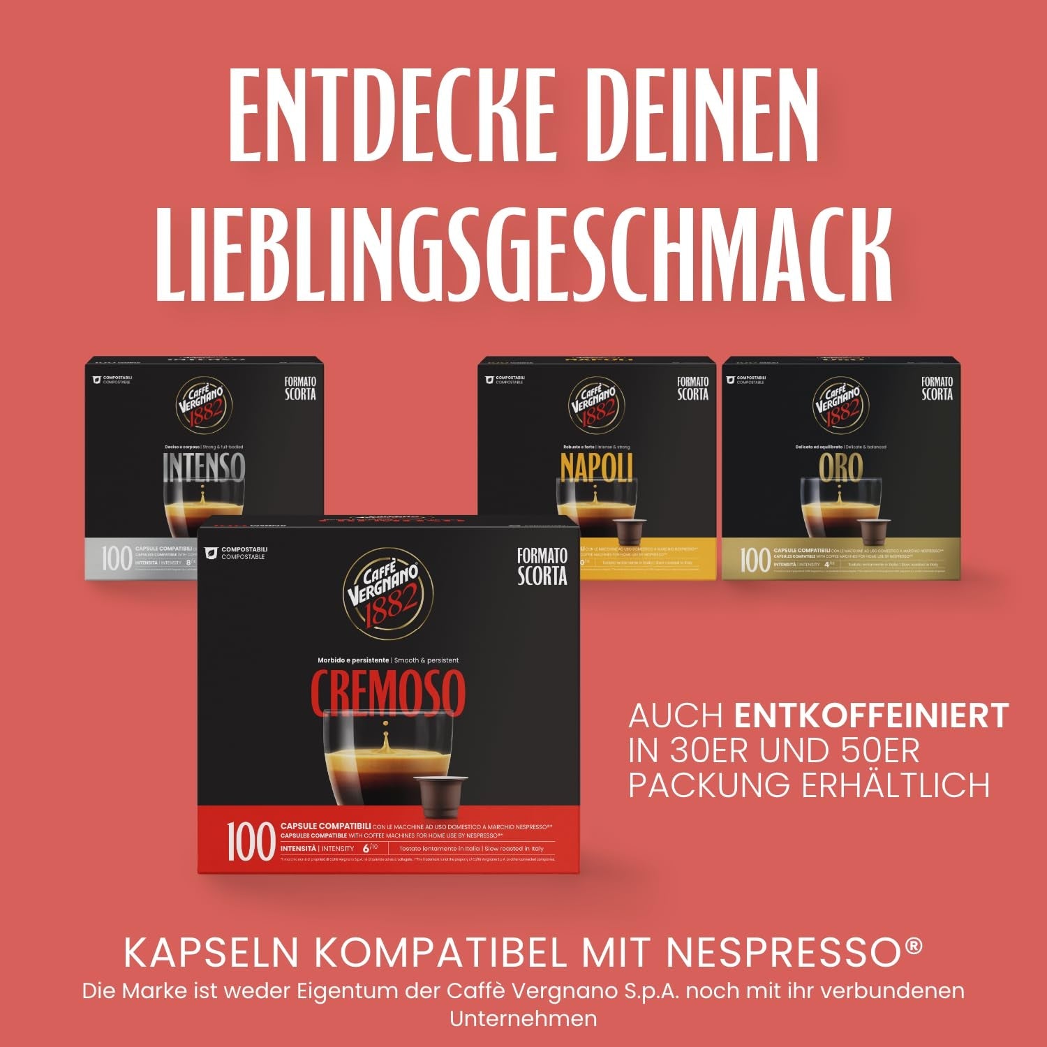 Caffè Vergnano 1882 - Èspresso Kaffeekapseln compostabili, compatibili con Nespresso, Cremoso - Packung Enthält 100 Kapseln