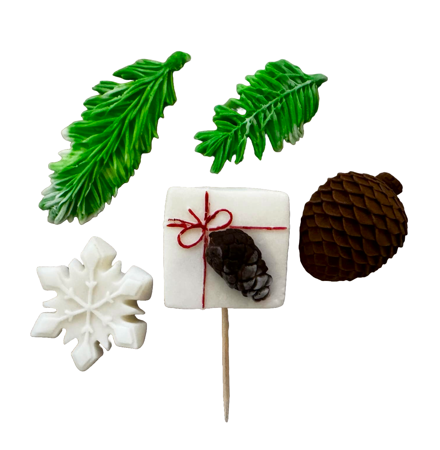 Set 5 decorazioni commestibili in pasta di zucchero, Inverno, aghi di abete, fiocco di neve, cono Decorazioni in pasta di zucchero Naty Shop