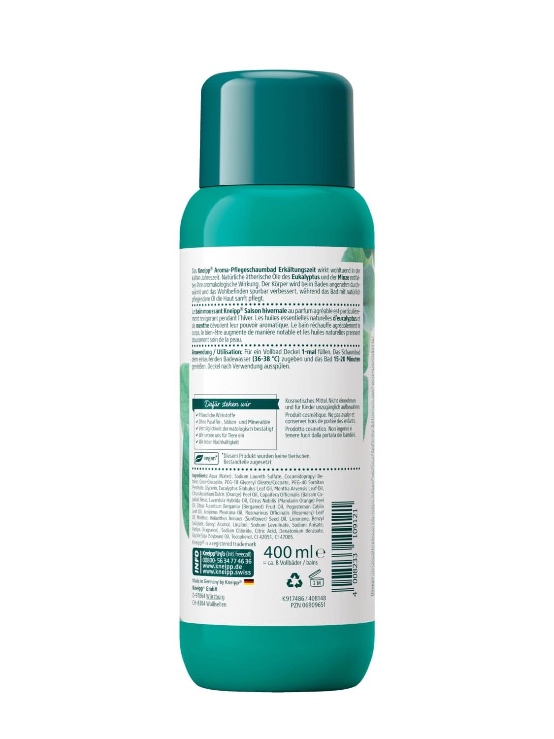 Kneipp Aroma Bagno Schiuma Stagione Fredda, additivo da bagno con oli essenziali naturali di eucalipto e menta, 400 ml Doccia e bagno Naty Shop