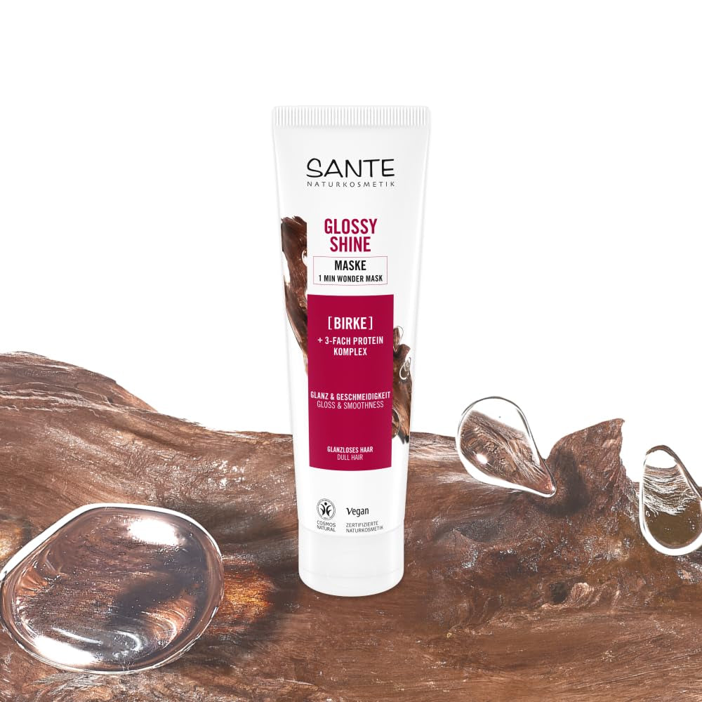 SANTE Naturkosmetik Glossy Shine Mask estratto di foglie di betulla biologica + 3x complesso proteico, maschera per capelli idratante e senza siliconi, cura dei capelli vegana per maggiore lucentezza e morbidezza, 150 ml Naty Shop Hair Mask