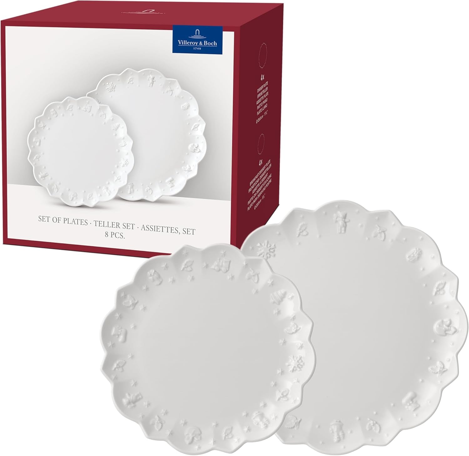 Villeroy & Boch Toy's Delight Royal Classic Servizio Piatti 8 Pezzi, Lavabile in Lavastoviglie e Utilizzabile nel Microonde, Bianco, Piatti, Servizio Piatti per 4 Persone, Stoviglie di Natale, Giocattoli, Porcellana Premium