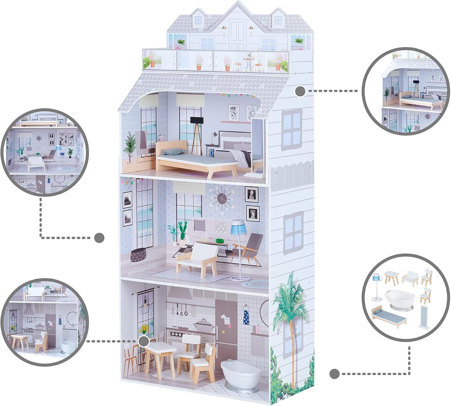 Teamson Kids Casa delle bambole gigante Olivia's Little World con mobili e accessori, casa delle bambole in legno, set da gioco a 3 livelli per bambole da 30 cm, dai 3 anni in su