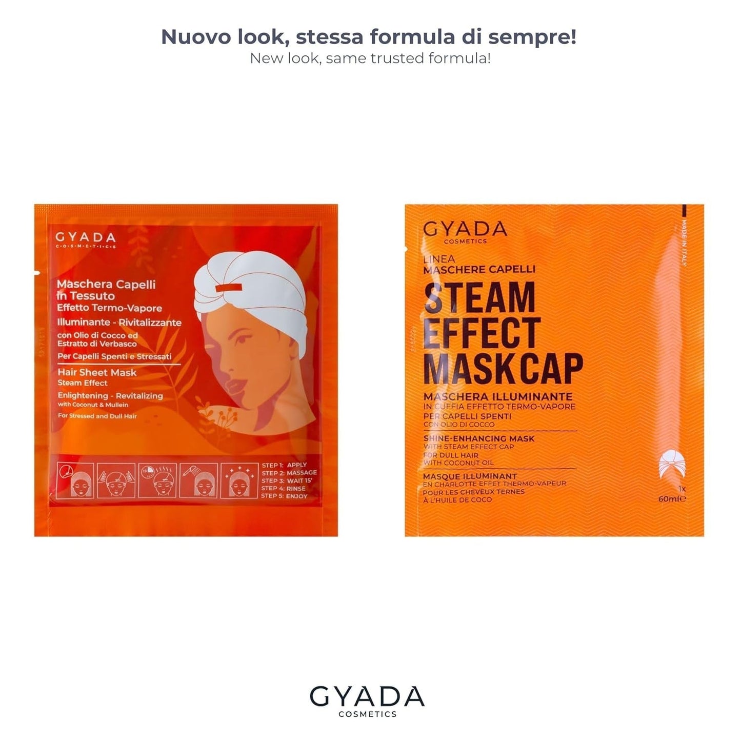 GYADA COSMETICS, maschera per capelli in materiale leggero e rivitalizzante, dona lucentezza e morbidezza, effetto nutriente e riparatore, con cuffia termica, a base di olio di cocco e avocado, maschera per capelli Naty Shop da 60 ml