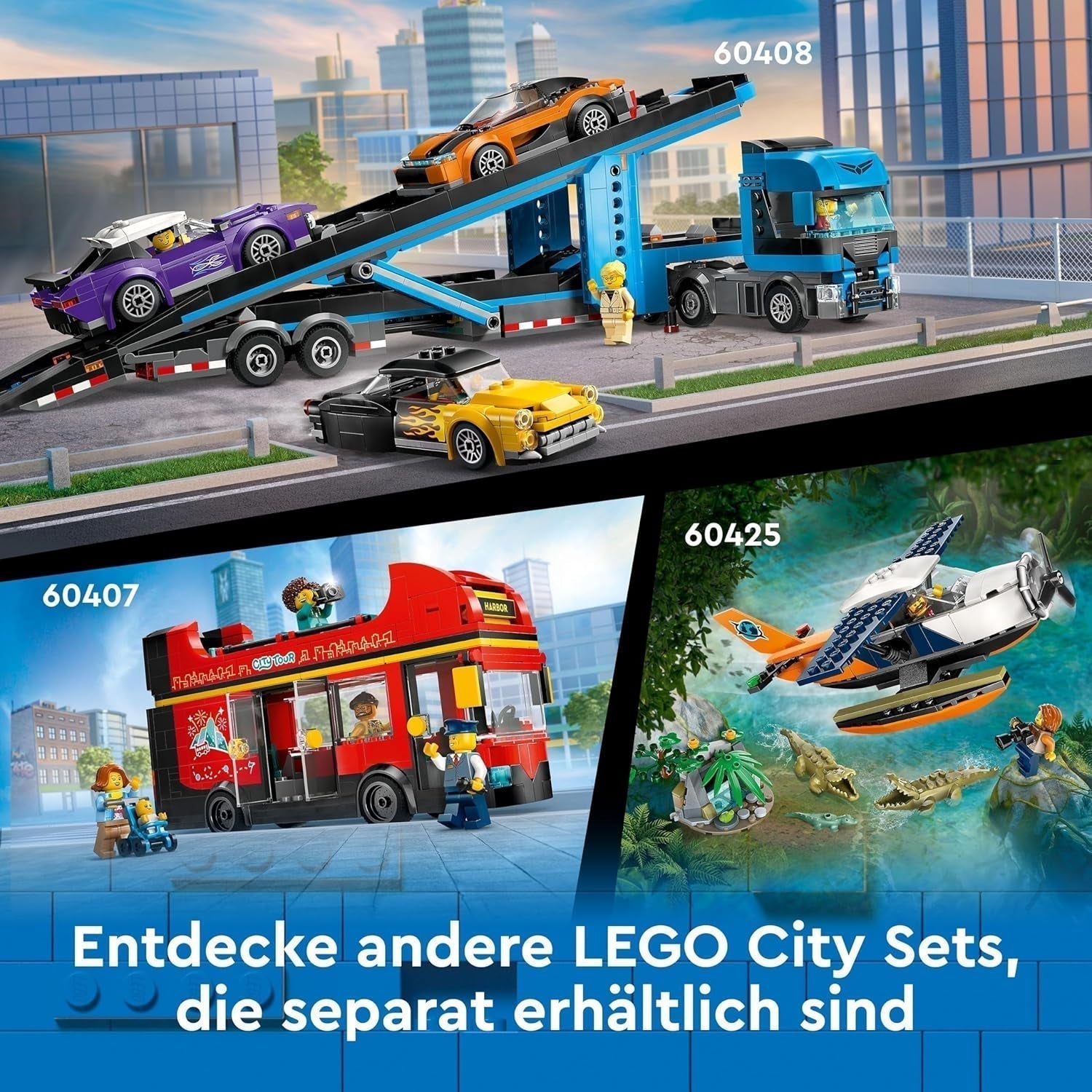 Autobus a due piani LEGO City, autobus giocattolo a due piani, set di veicoli per ragazze e ragazzi dai 7 anni, contiene 5 personaggi, incluso un bambino in carrozzina 60407 Set da costruzione Besuche den LEGO-Store