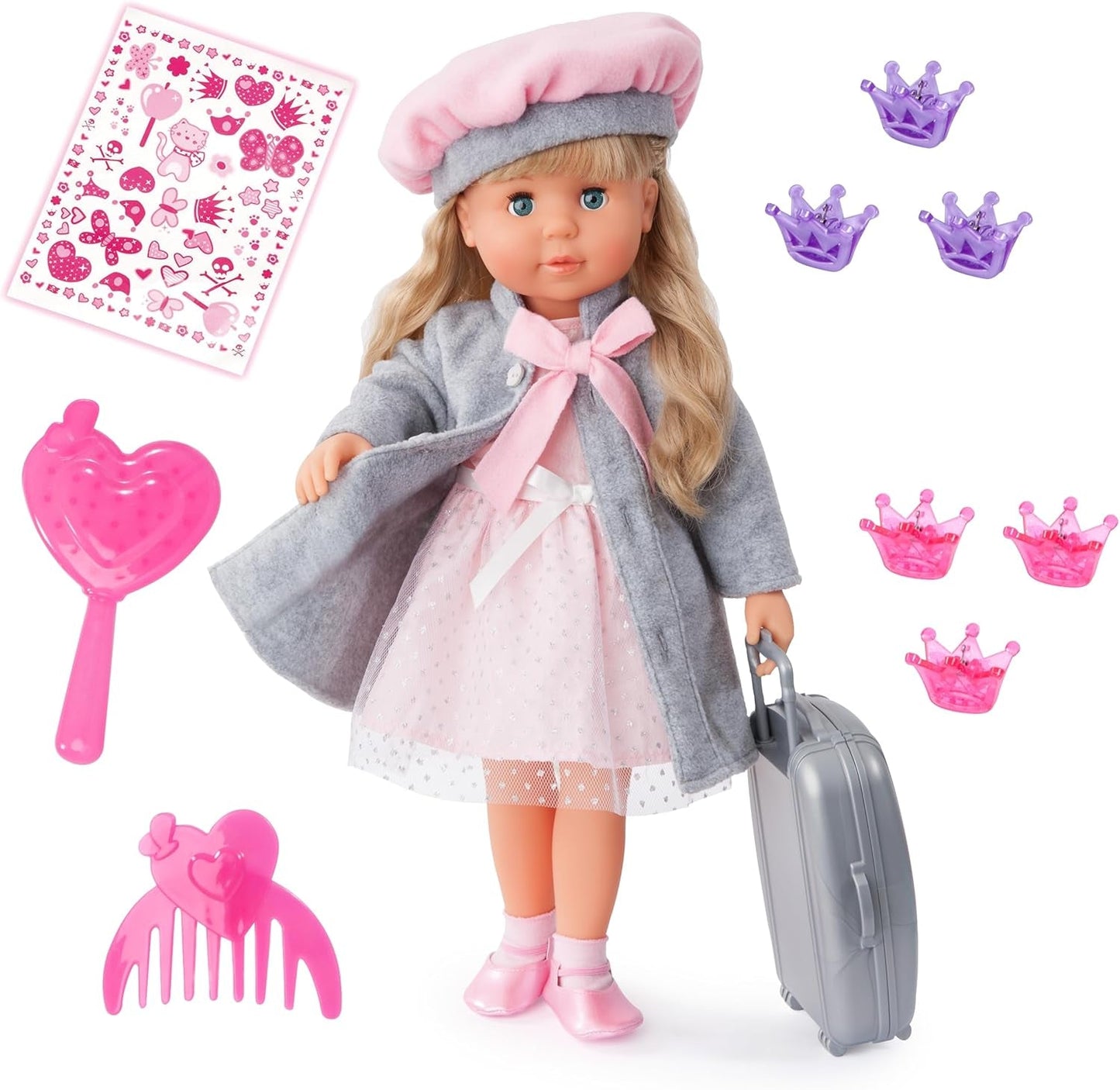 Bayer Design 94635AX Charlene bambola funzionale con capelli e occhi assonnati, parla e canta 90 frasi, 2 poesie e 8 canzoni, 46 cm, bambola multiaccessorio, 1,30 kg, rosa, grigio