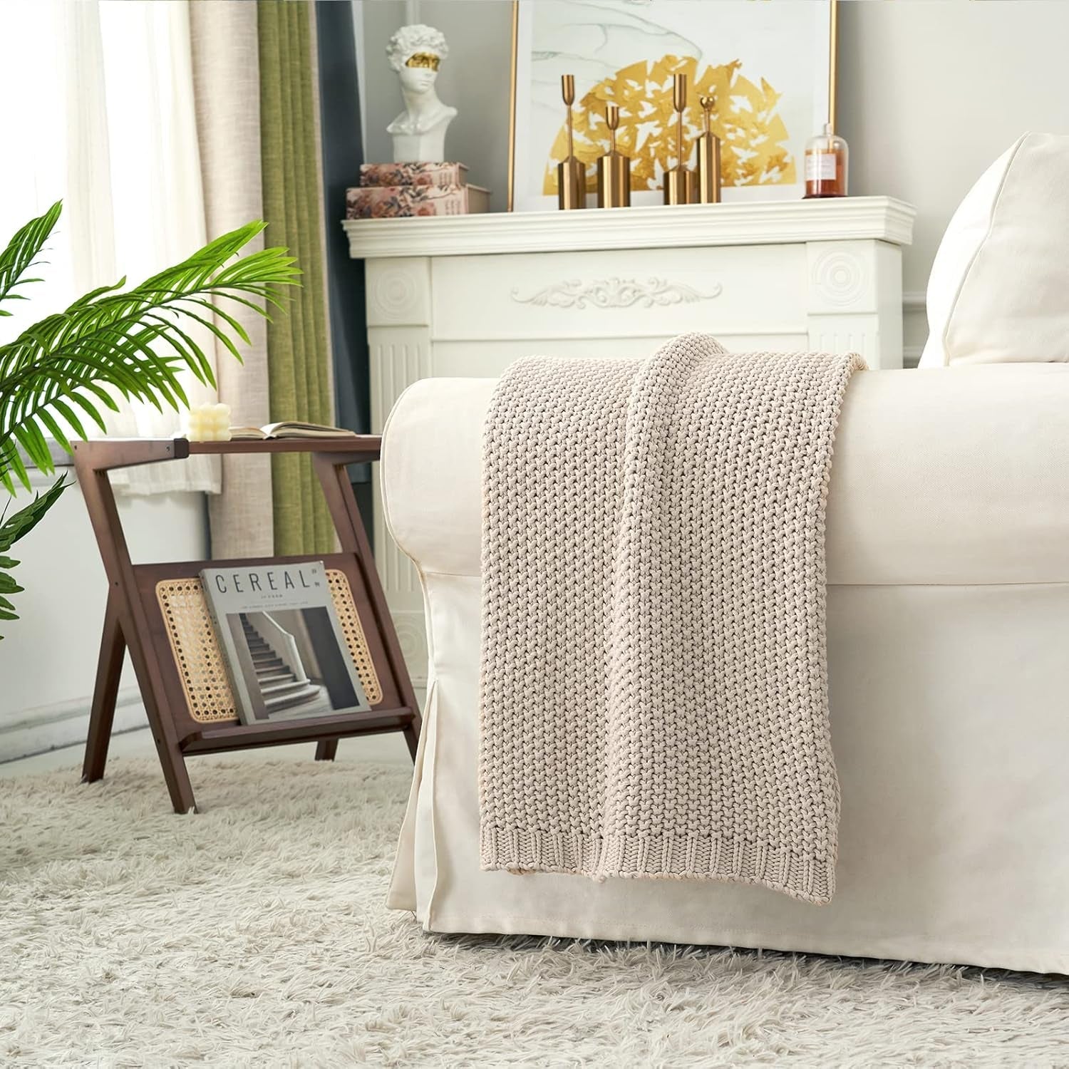 Coperta in maglia grossa, Leggera, Beige, 100% cotone biologico, Coperta per divano, divano, letto, bambino, cameretta dei bambini, Rustico, Shabby chic, Fattoria moderna, 152,4 X 203,2 cm, Incluso sacco per la biancheria Letti e coperte Biancheria da letto Longhui