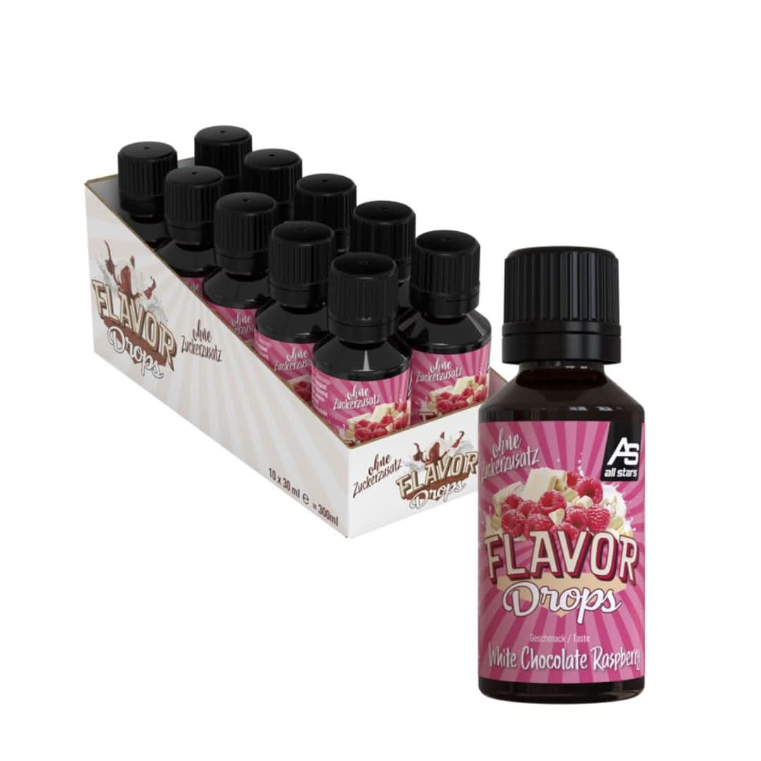 ALL STARS Gocce Aromatizzate, Gocce Aromatizzate senza zuccheri aggiunti e senza calorie - Dolcezza e sapore per alimenti, 30 ml Dolcificanti Naty Shop Cioccolato bianco al lampone 10 x 30 ml