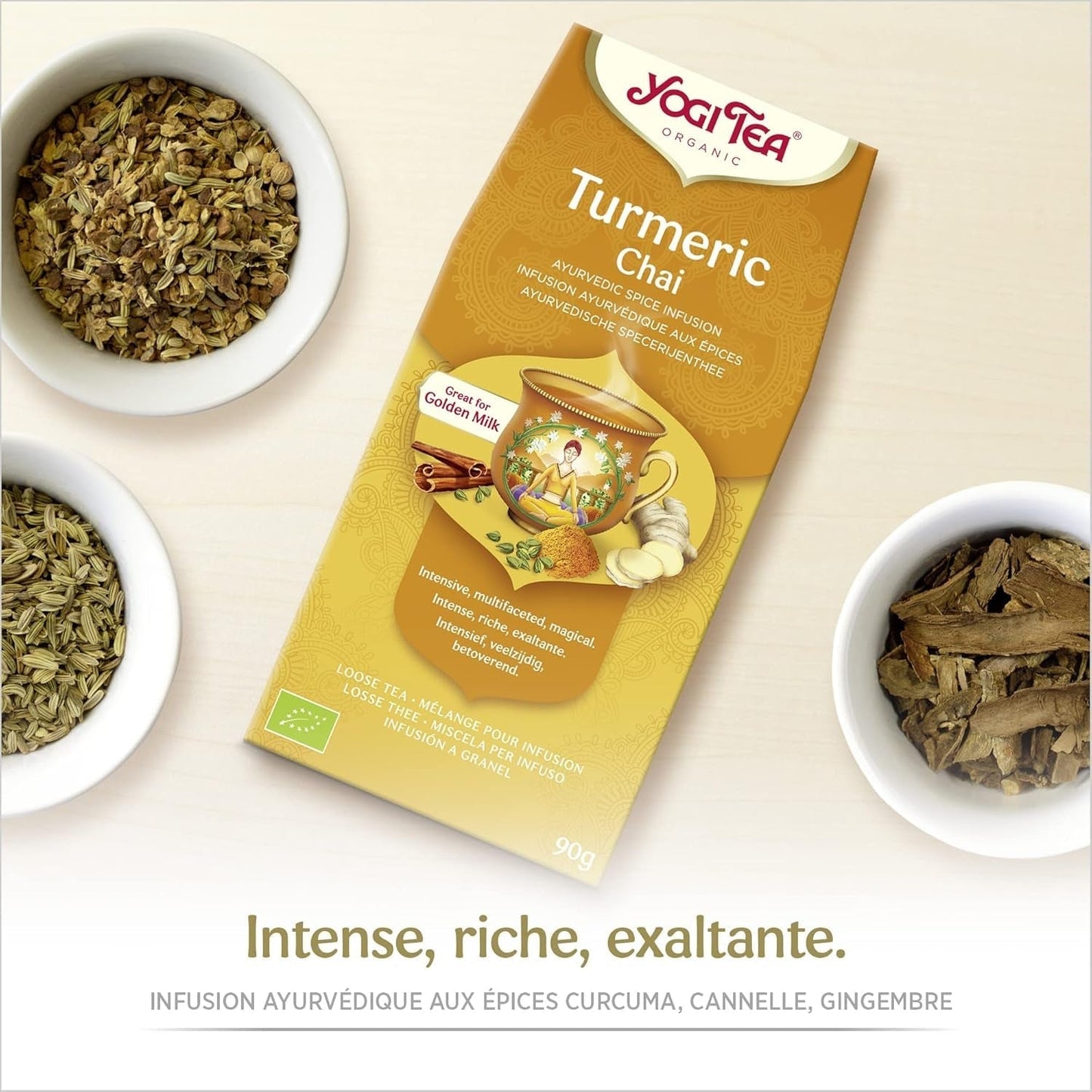 Yogi Tea - Kurkuma Chai Tè ayurvedico speziato biologico Senza caffeina Curcuma Cannella Miscela di zenzero Tè Yogi sfuso 8 x 90 g (720 g) Confezione regalo ideale