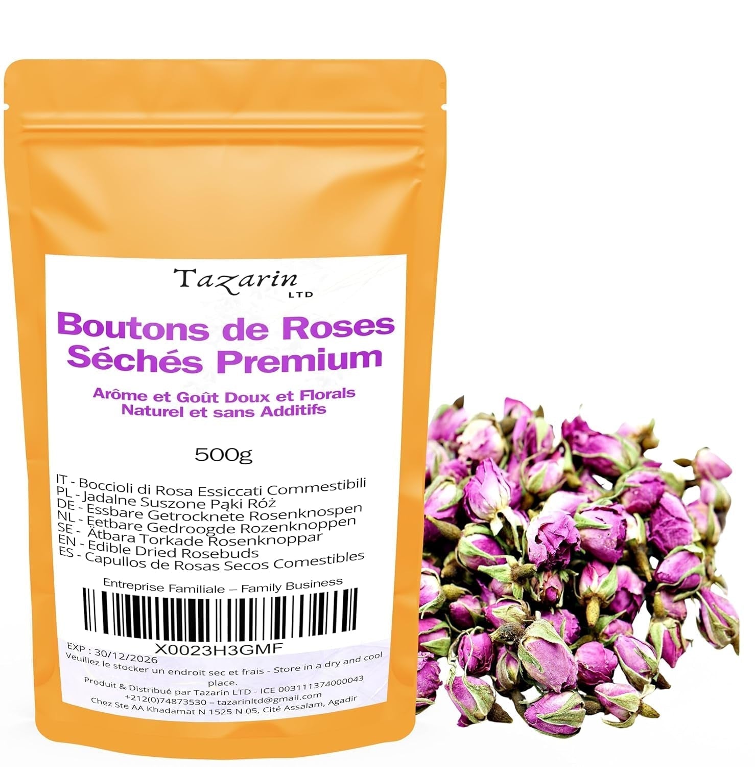 Boccioli di rosa commestibili premium da 500 g - infuso di petali di rosa Atlas essiccati - gusto e aroma dolci e floreali - 100% naturale, puro e senza additivi | Tazarin Ltd