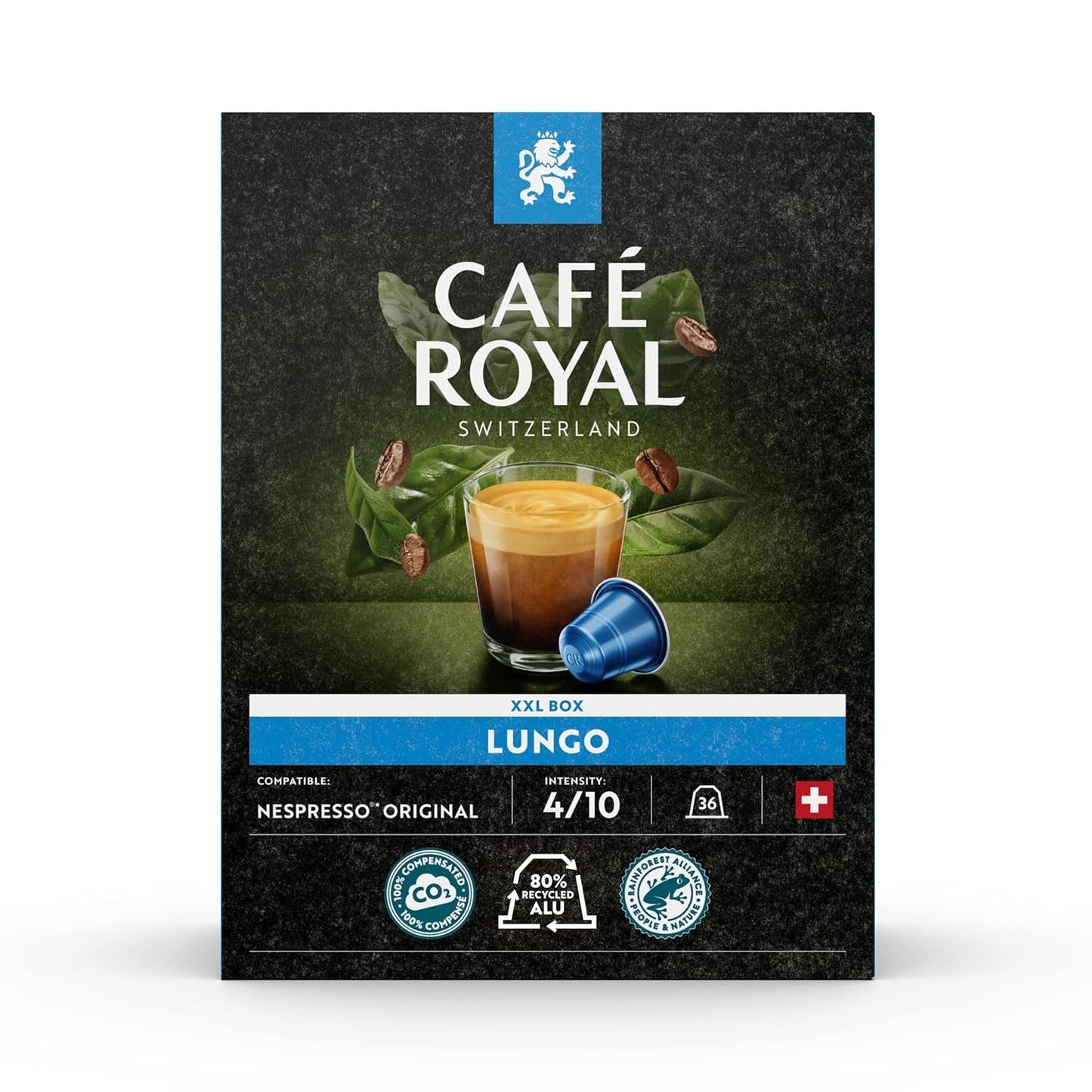 Café Royal aromatizzato al cioccolato fondente, 100 capsule per macchina da caffè Nespresso - 4/10 intensità - zertifiziert UTZ, in alluminio e lungo 36 capsule per macchina da caffè Nespresso - 4/10 intensità