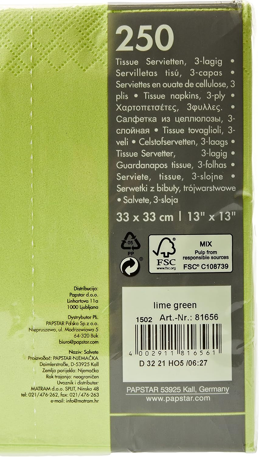 250 tovaglioli 3 veli 1/4 pieghe 33 cm x 33 cm verde mela (confezione da 2)