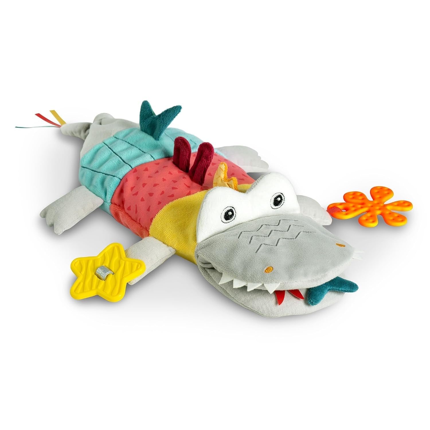 Fehn burattino da mano coccodrillo - peluche con sonaglio, carta frusciante, massaggiagengive e cigolante - burattino da mano per bambini - giocattolo a scatto per neonati e bambini a partire da 6 mesi Baby Toys Naty Shop Crocodil