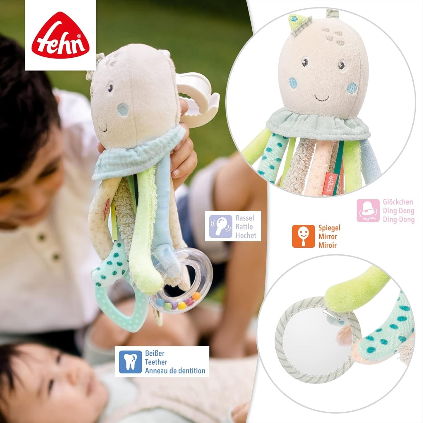 Fehn Giocattolo attività Polpo - Giocattolo per abilità motorie per passeggini e brillanti partenze, Oball, Sonaglio con palline per camminare, Giocattolo interattivo per bambini Bebe Toys Naty Shop