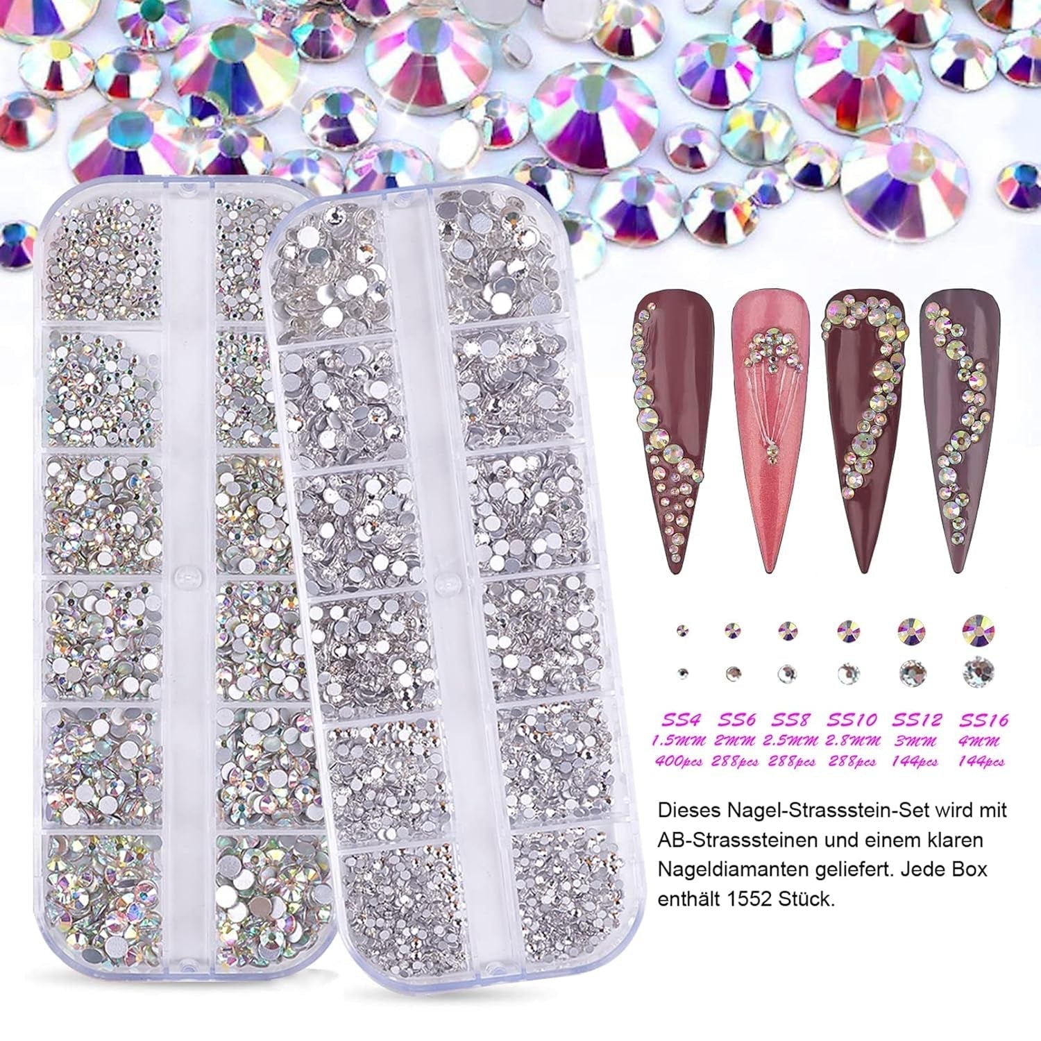 Set 3200 pietre per unghie FITDON Pietre AB in vetro multiforma e pietre AB con diamanti trasparenti per decorazioni per unghie Kit fai da te Gioielli Portachiavi Accessori per unghie