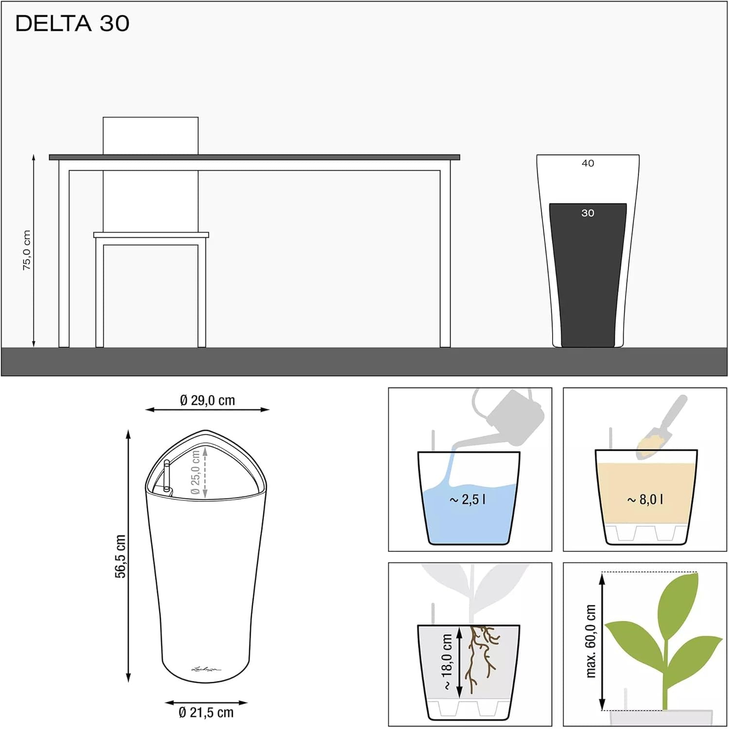 LECHUZA DELTA Premium 30 bianco lucido 15500