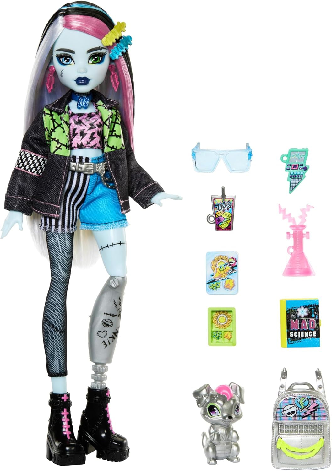 Bambola Monster High Frankie Stein in giacca di jeans e pantaloncini, include anche il suo cucciolo Watzie e accessori come uno zaino, uno snack e un quaderno, HXH73