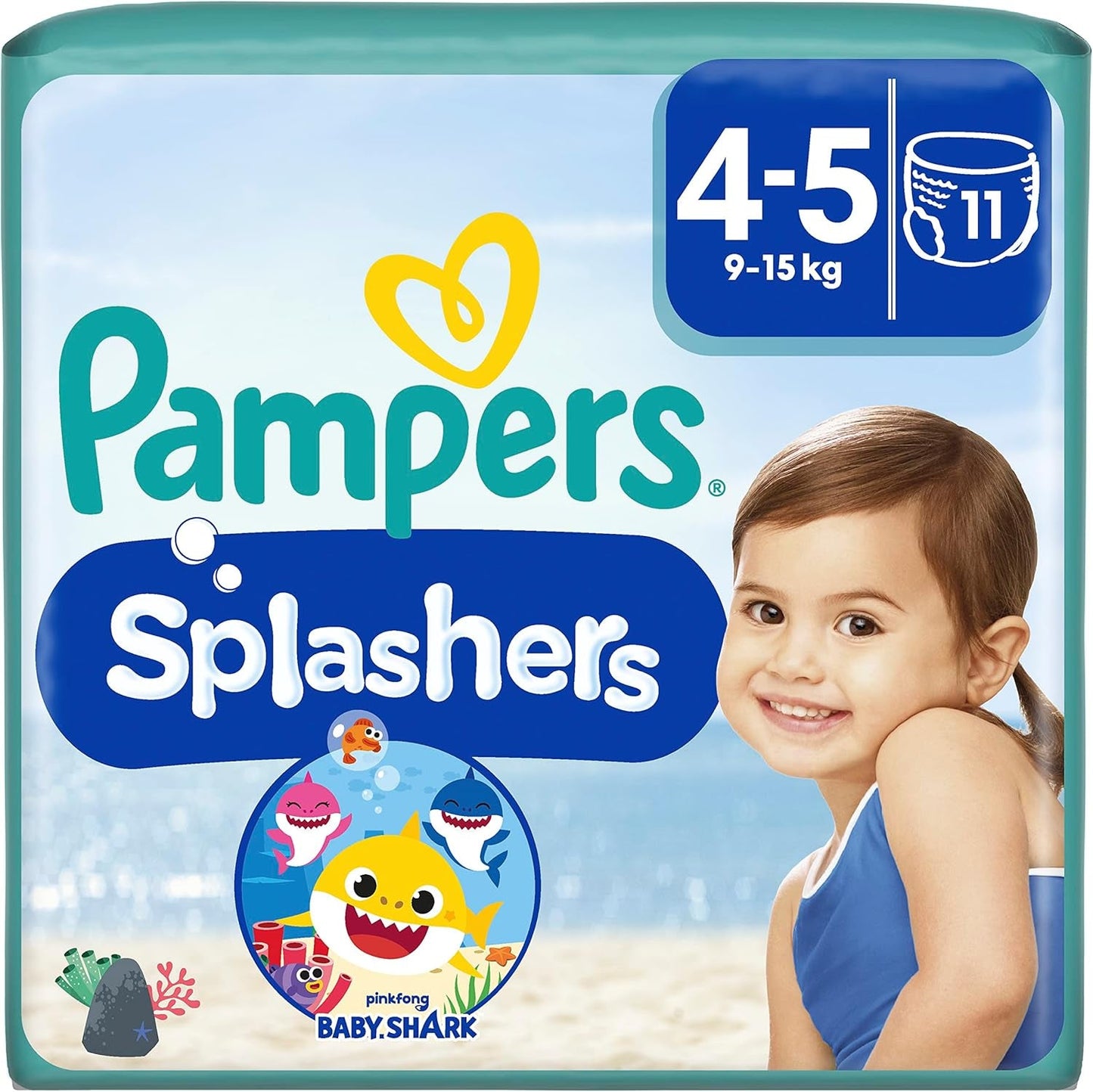 Pannolini da bagno usa e getta Pampers Splashers Baby Shark in edizione limitata 4-5, 11, 9 kg-15 kg, per una protezione sicura in acqua
