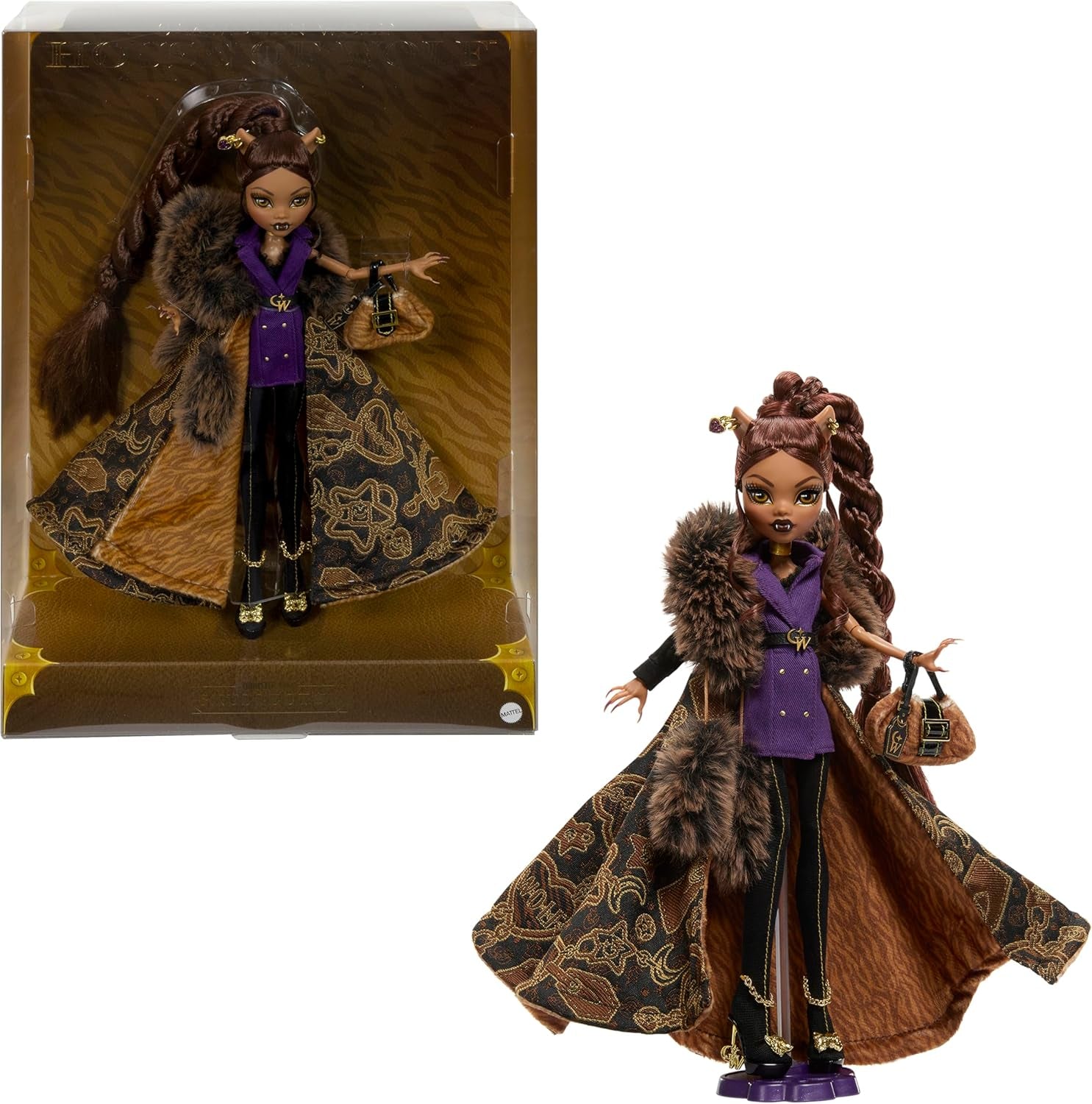 Monster High Doll House of Wolves Clawdeen Wolf Figura da collezione con pelliccia sintetica Cappotto jacquard Giacca viola Abito Pantaloni dorati e accessori JDR66