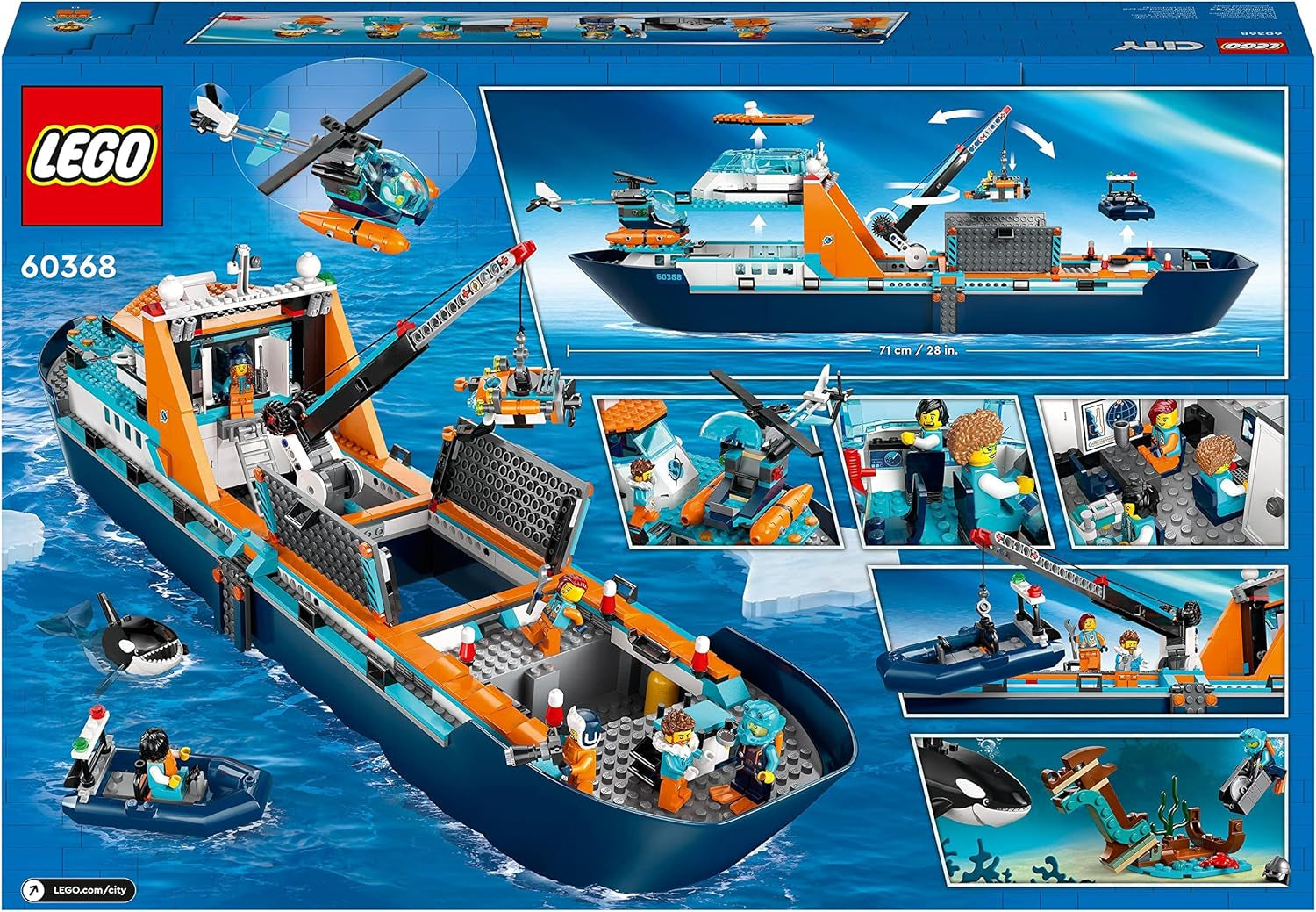 LEGO City Nave da ricerca artica, grande barca giocattolo galleggiante con elicottero, gommone, sottomarino Rov, relitto vichingo, 7 minifigure e figura dell'orca, regalo per bambini dai 7 anni in su 60368 Set da costruzione Besuche den LEGO-Store