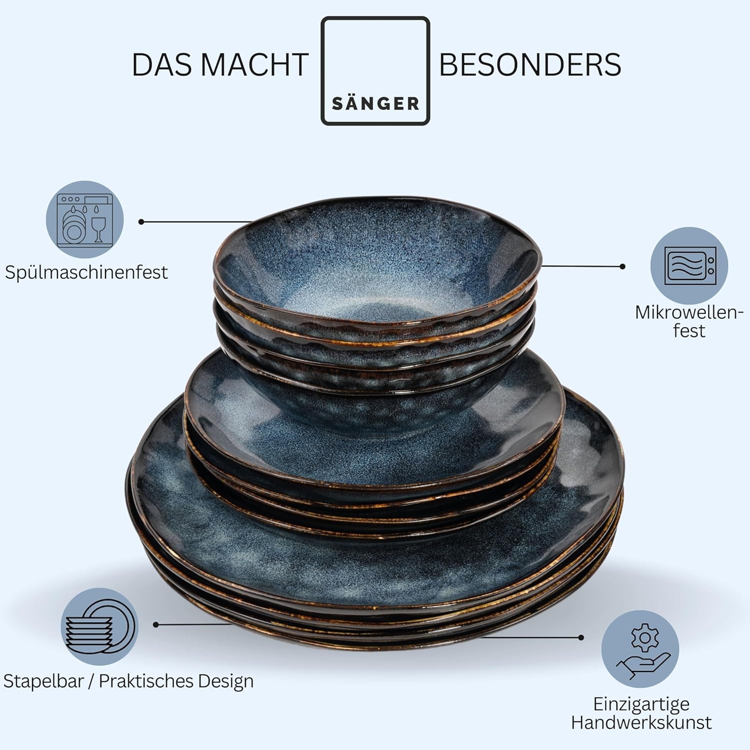 Sanger | Set di stoviglie Tokyo da 36 pezzi Set di stoviglie in porcellana per 12 persone Stoviglie moderne fatte a mano blu scuro con accenti neri | LA COLLEZIONE PREMIUM