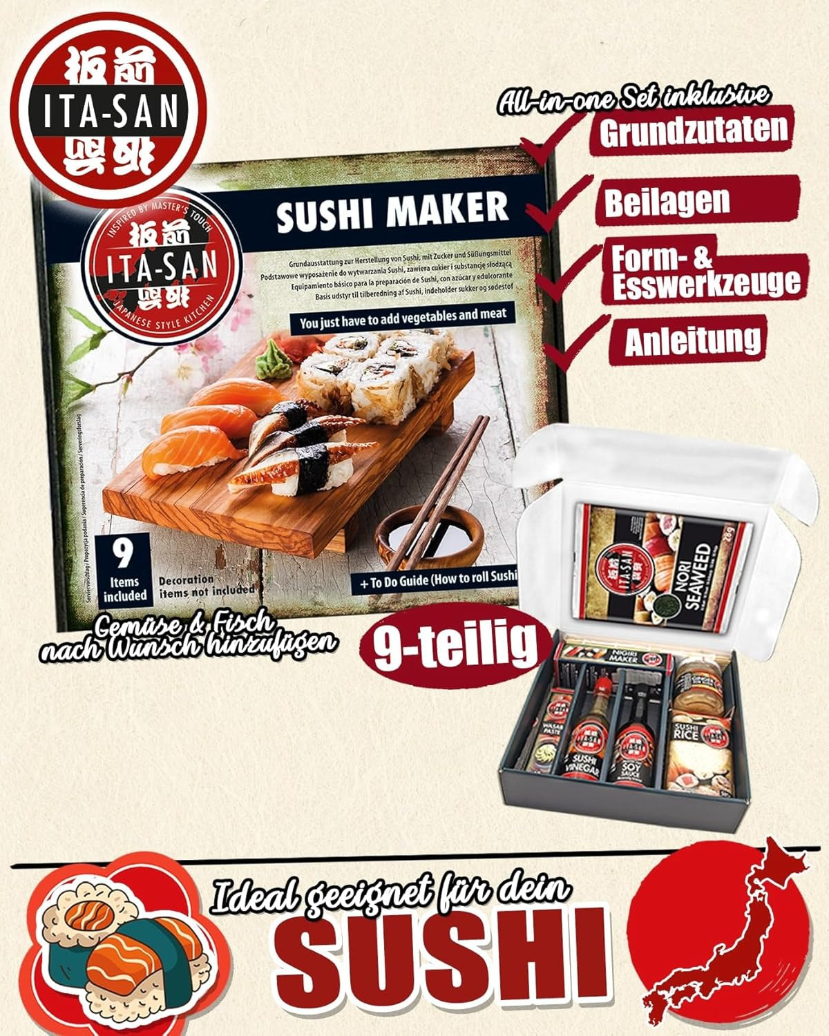 ITA-SAN Sushi Set (set completo 9 pezzi, ideale per principianti, per prova o regalo) 1 confezione