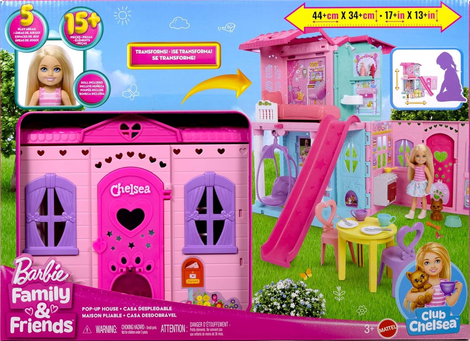 Casa delle bambole Barbie Chelsea con oltre 15 accessori, la casa pop-up si espande fino a 42 x 33 cm con 5 aree gioco e uno scivolo, con una piccola bambola e un cane, JFW49