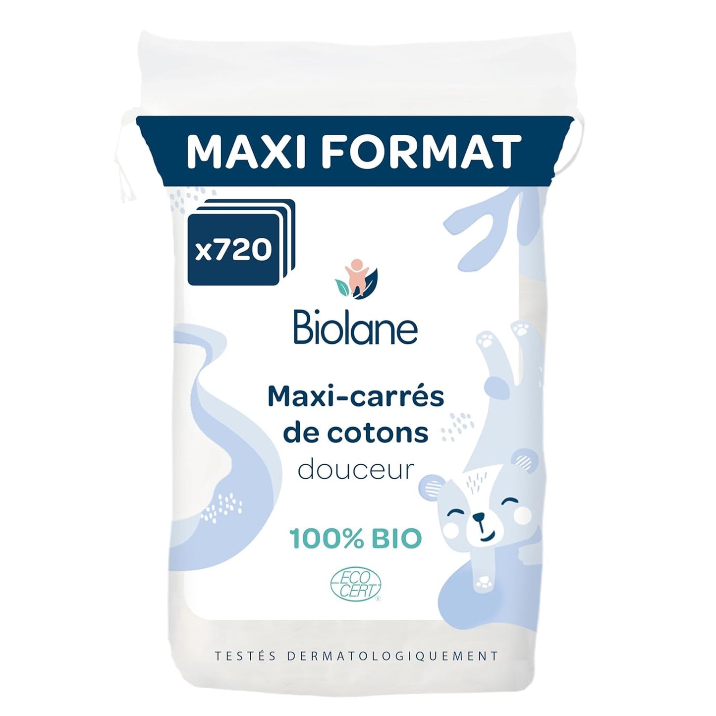 BIOLANE 12 Assorbenti Maxi Quadrati - Neonati - 100% Organico - 720 Cotone - per pelli sensibili - Cambio e articoli da toeletta - dalla nascita - prodotto in Francia