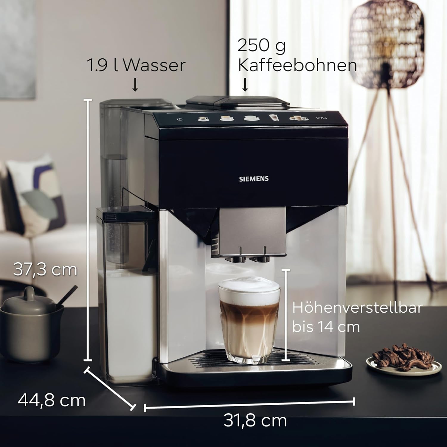 Macchina per caffè espresso completamente automatica Siemens EQ500 TQ513D01, molte specialità di caffè, montalatte, contenitore per il latte integrato, pulizia automatica a vapore, 1500 W, luce naturale argento/nero pianoforte