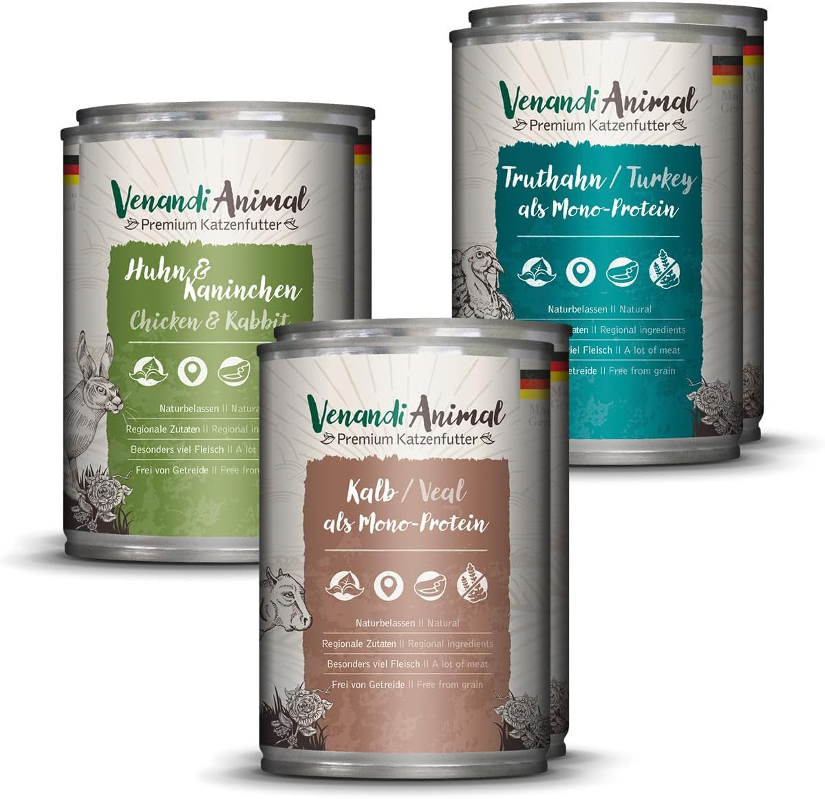 Venandi Animal Premium Nassfutter für Katzen, Probierpaket II, Pollo + Coniglio, Kalb, Tacchino, 6 x 400 g, getreidefrei und naturbelassen, 2,4 kg