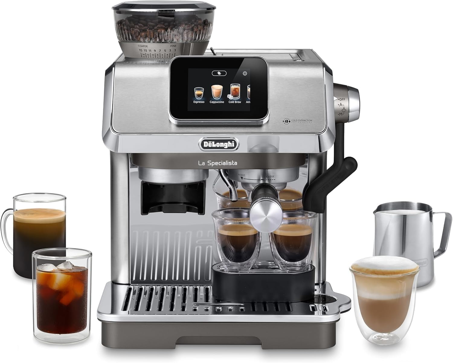De'Longhi La Specialista Arte EC9155.MB macchina per caffè espresso portafiltro con macinacaffè, 8 impostazioni di macinatura, pressione 15 bar, 3 impostazioni di temperatura, montalatte, 1550 W, serbatoio da 1,7 litri, acciaio inossidabile/nero, incluso kit barista