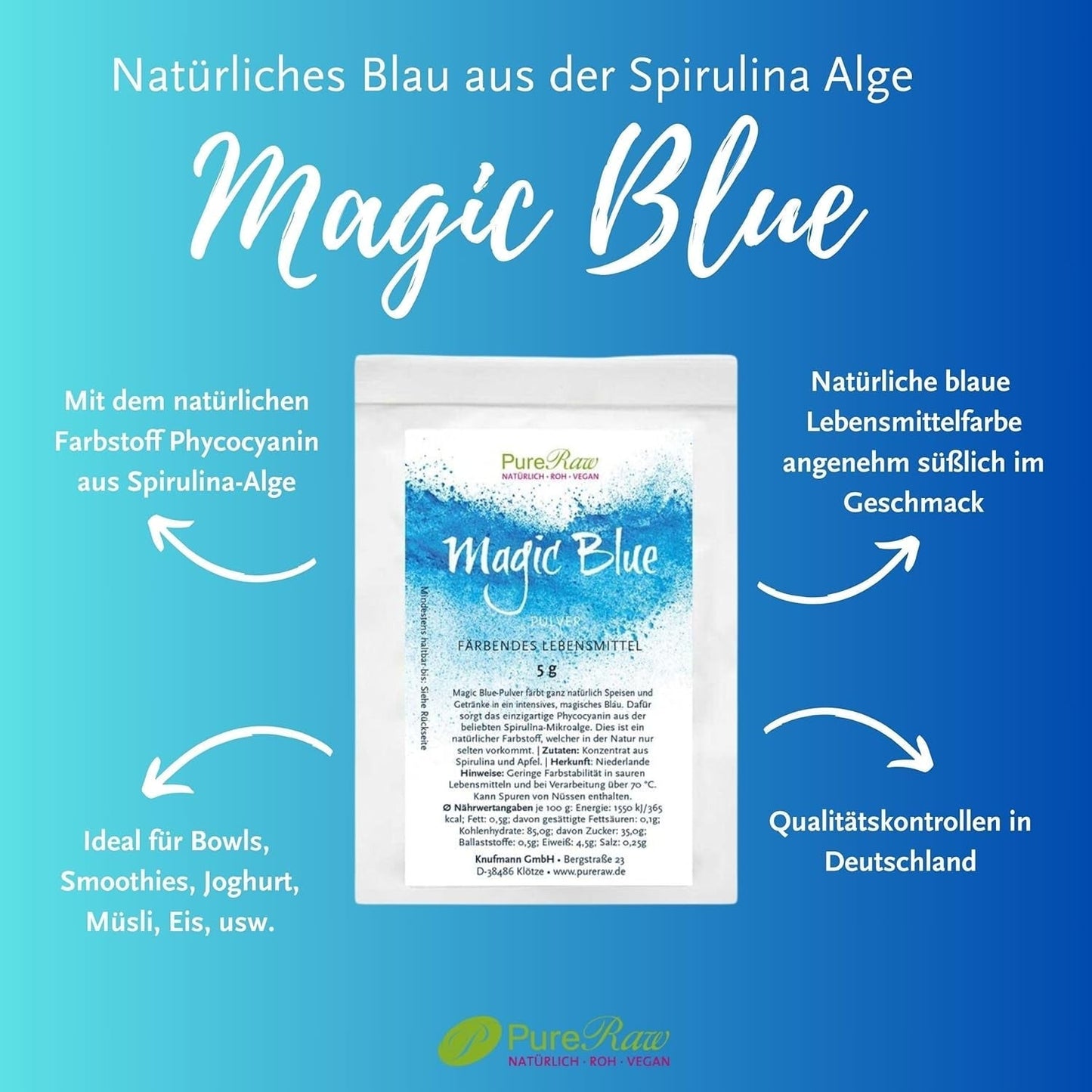 Magic Blue Spirulina colorante alimentare naturale in polvere blu (vegano crudo) da blu scuro a blu pastello chiaro - colorante alimentare in polvere di alghe ficocianine - colorante alimentare naturale | Pureraw 5G